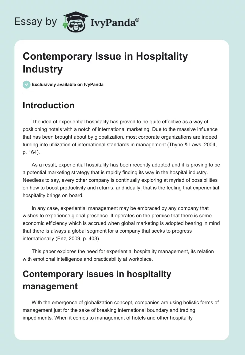 Contemporary Issue in Hospitality Industry. Page 1