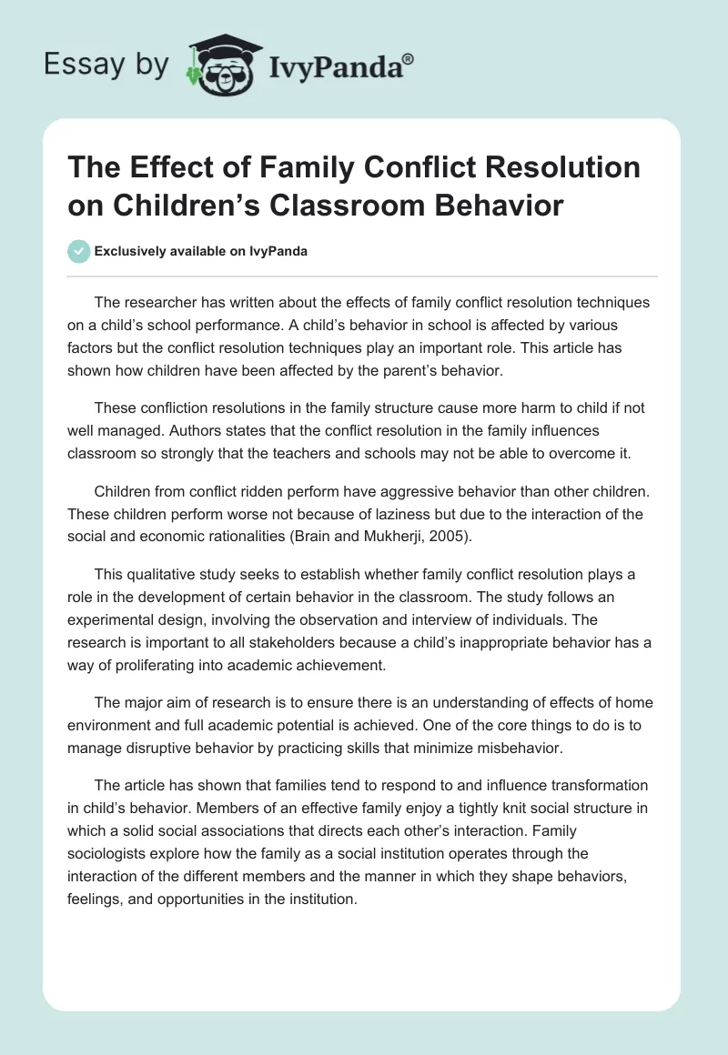 The Effect of Family Conflict Resolution on Children’s Classroom Behavior. Page 1