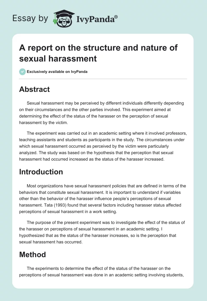 A report on the structure and nature of sexual harassment. Page 1