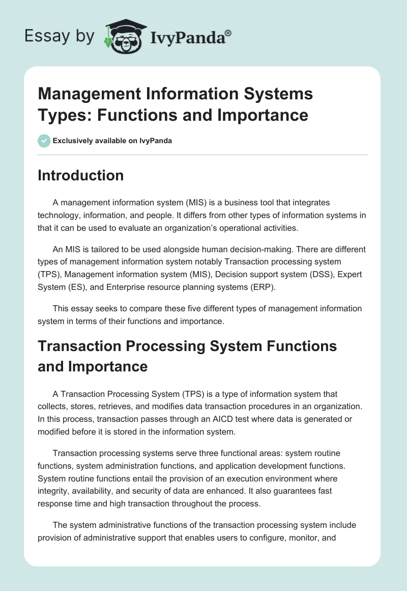 Management Information Systems Types: Functions and Importance. Page 1