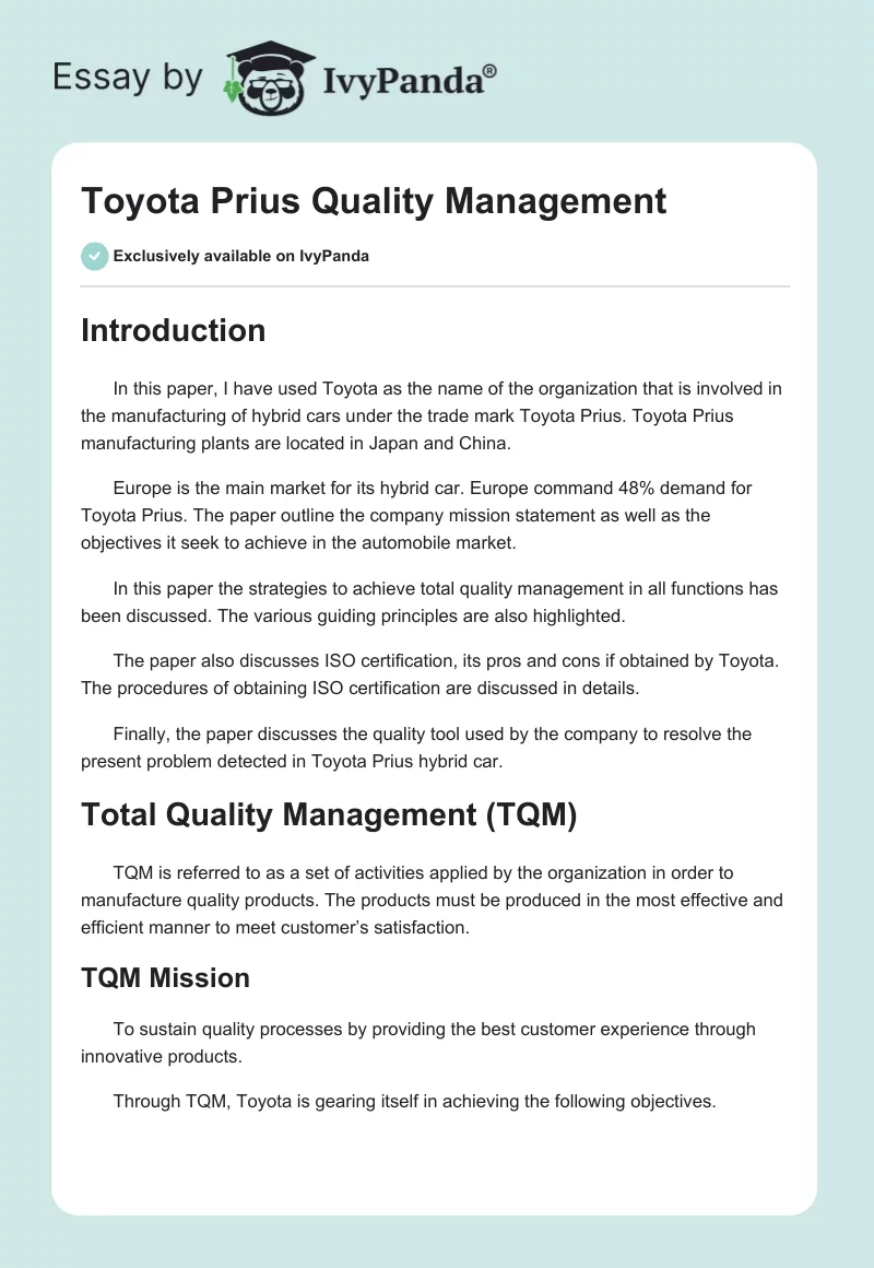 Toyota Prius Quality Management. Page 1