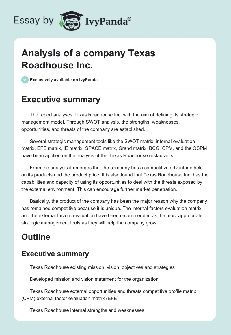 Analysis of a company Texas Roadhouse Inc.. Page 1