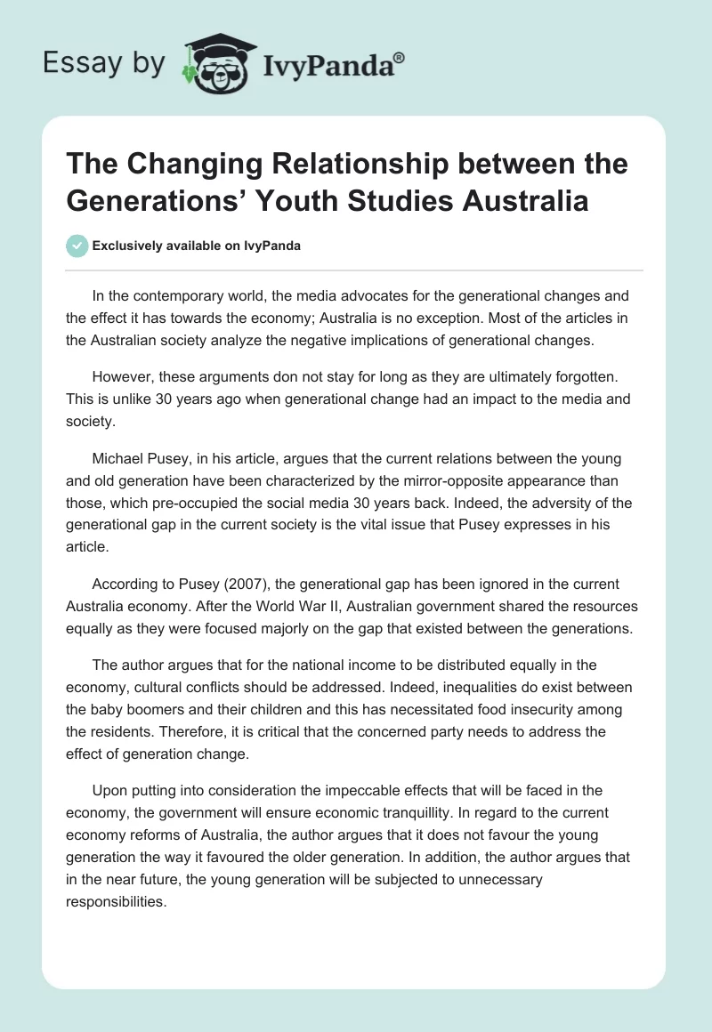 The Changing Relationship Between the Generations’ Youth Studies Australia. Page 1