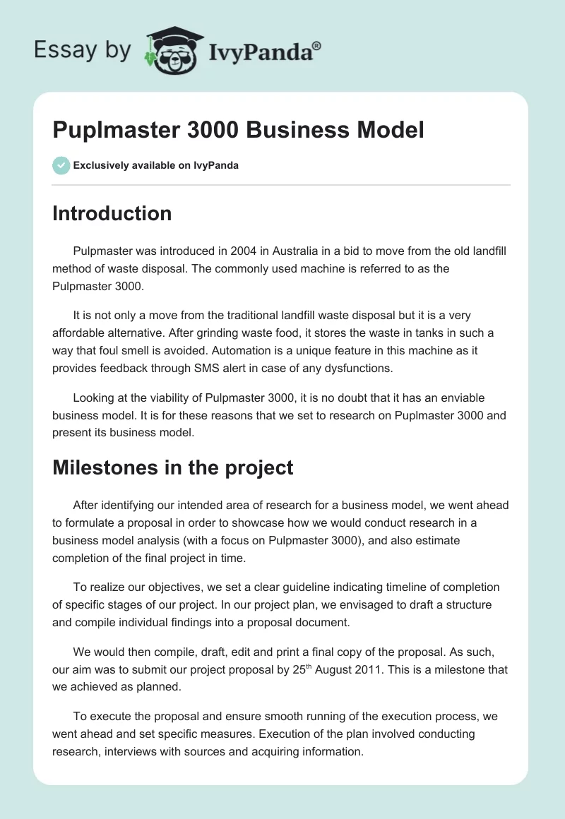 Puplmaster 3000 Business Model. Page 1