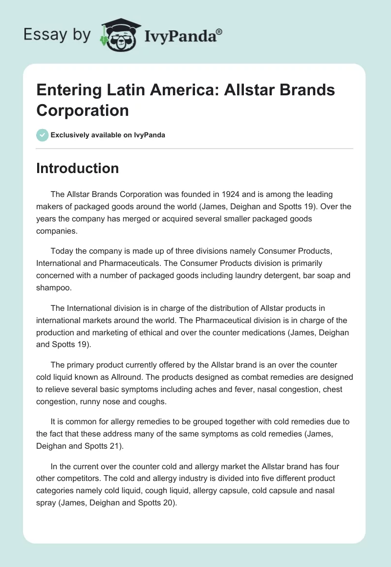 Entering Latin America: Allstar Brands Corporation. Page 1