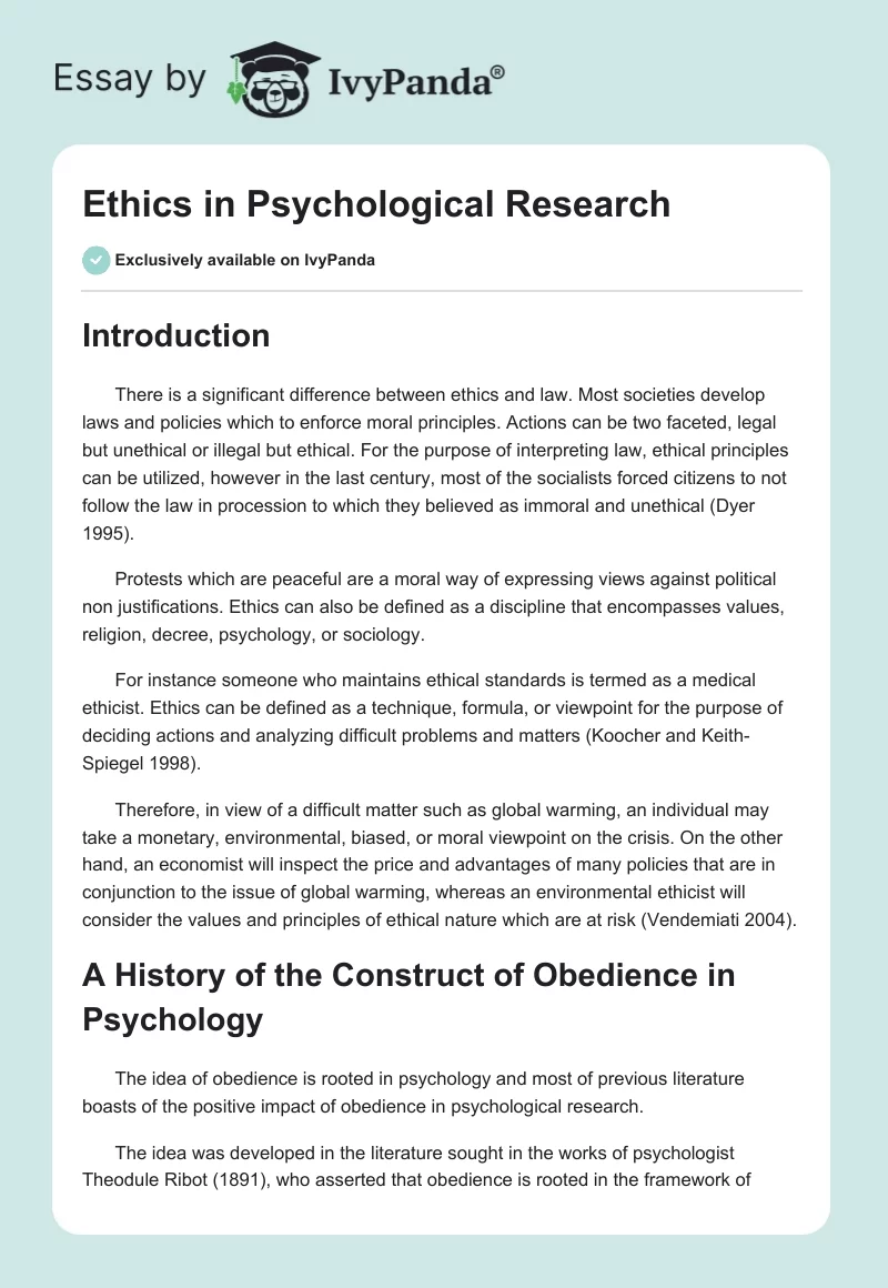 Ethics in Psychological Research. Page 1