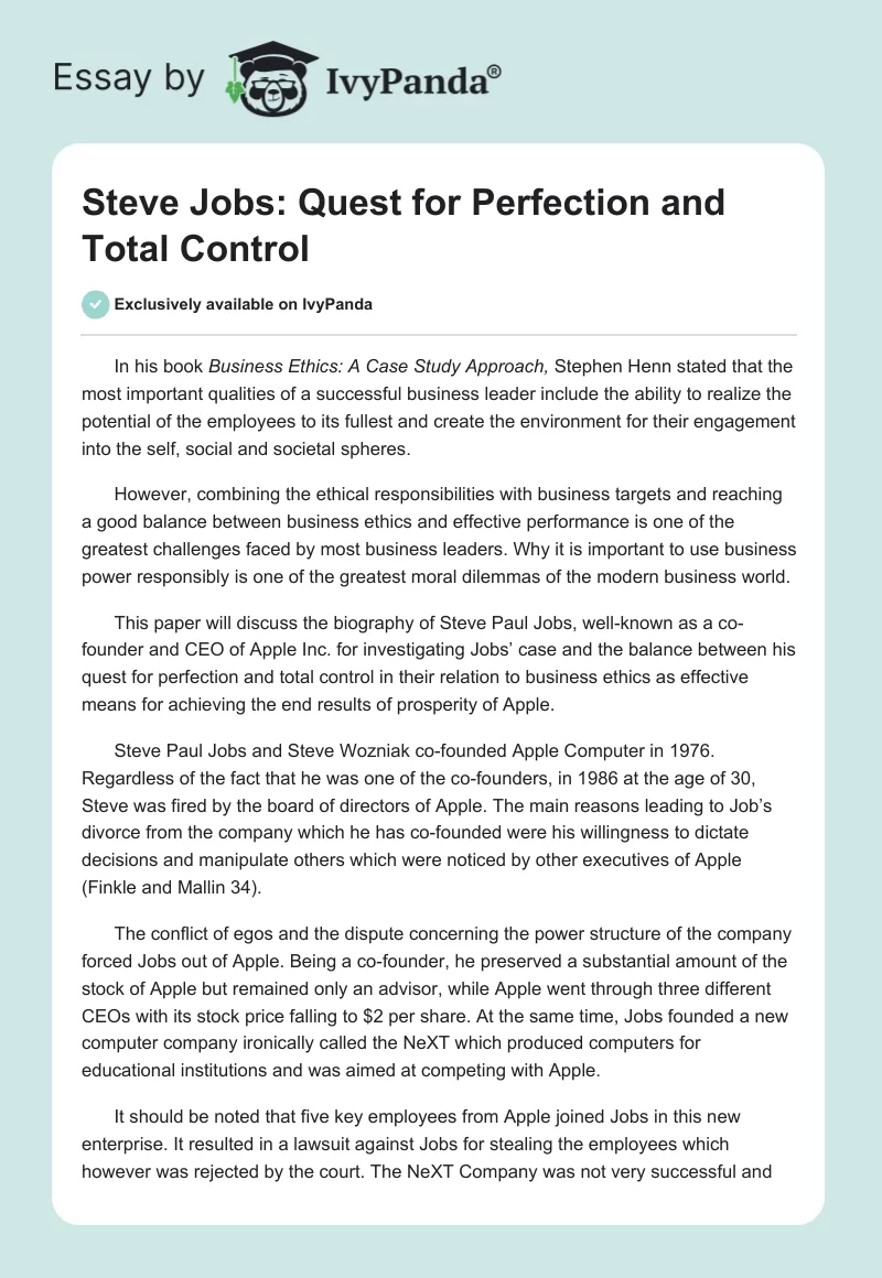 Steve Jobs: Quest for Perfection and Total Control. Page 1