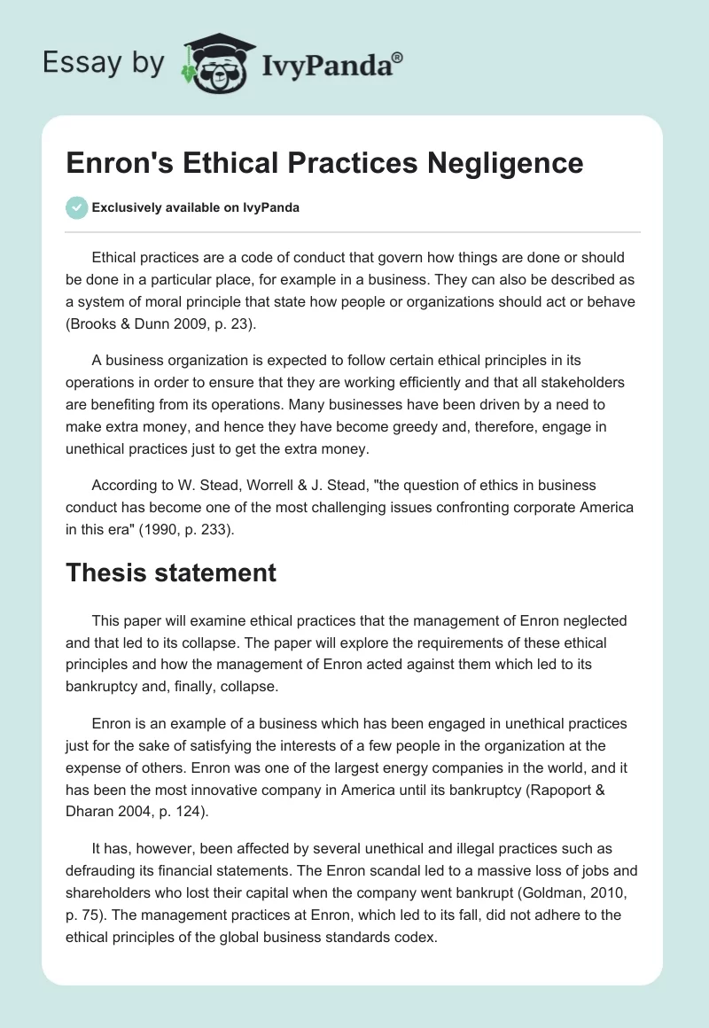Enron's Ethical Practices Negligence. Page 1