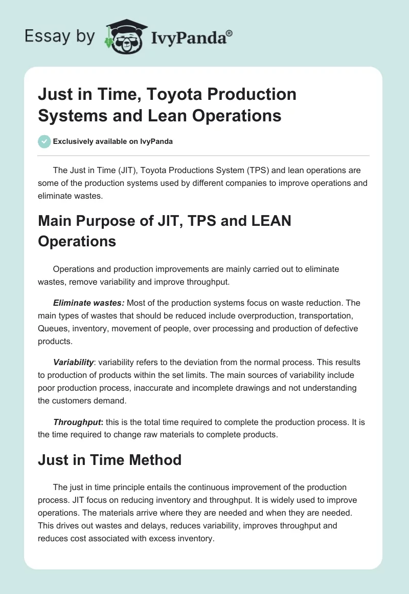 Just in Time, Toyota Production Systems and Lean Operations. Page 1