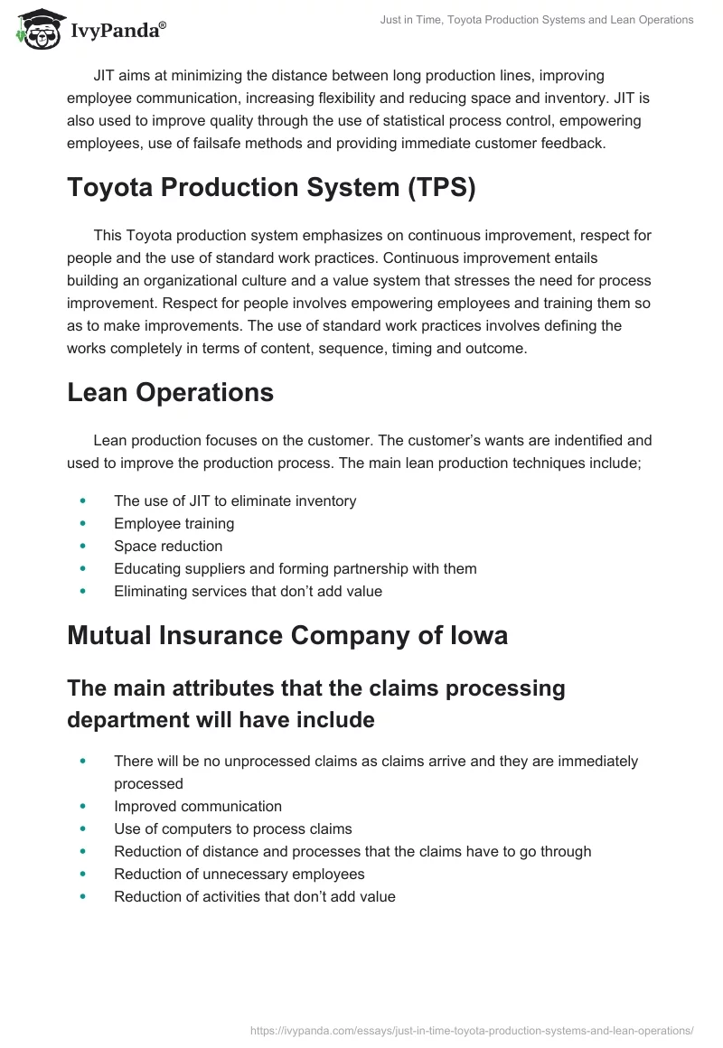 Just in Time, Toyota Production Systems and Lean Operations. Page 2