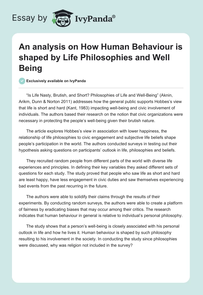 An analysis on How Human Behaviour is shaped by Life Philosophies and Well Being. Page 1