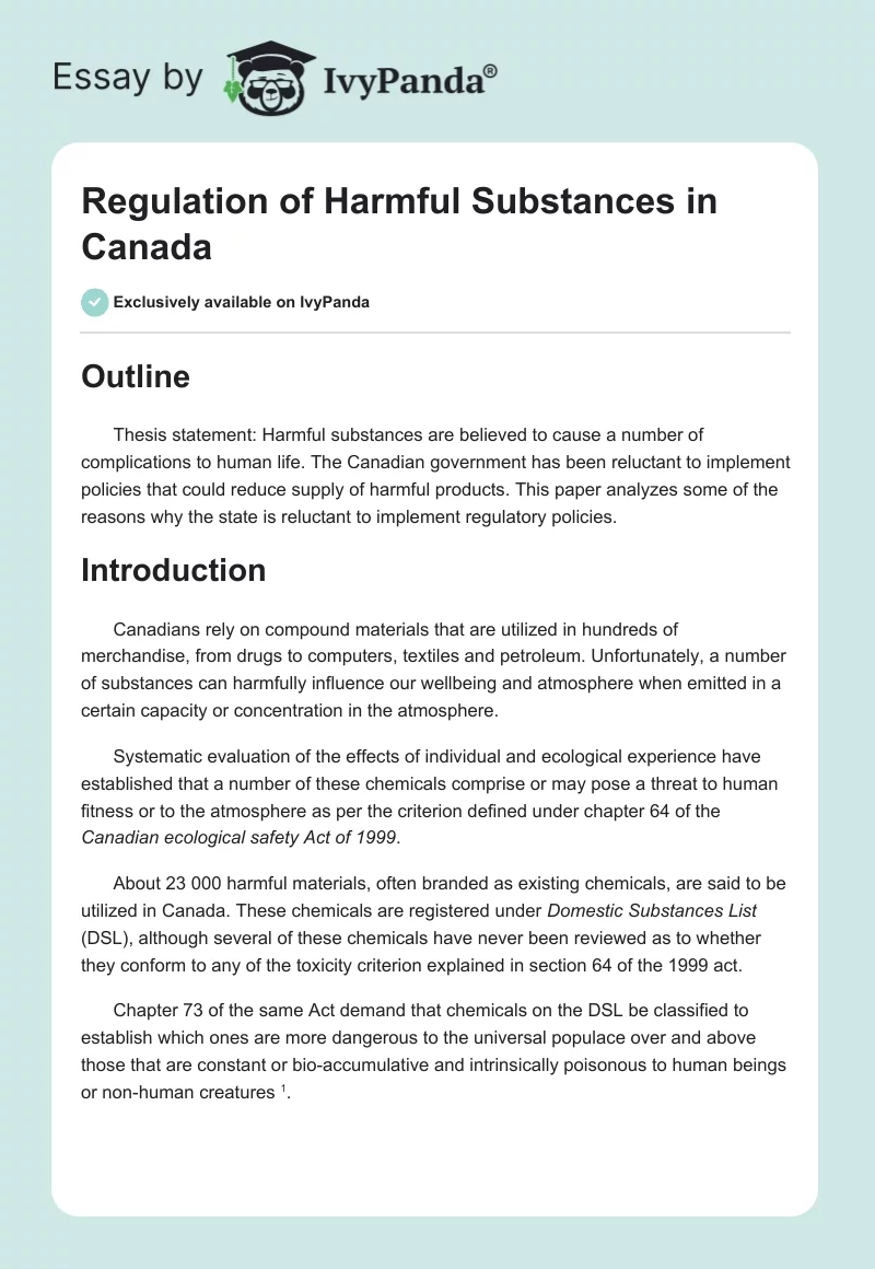 Regulation of Harmful Substances in Canada. Page 1