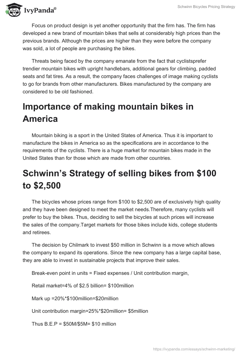 Schwinn Bicycles Pricing Strategy. Page 2