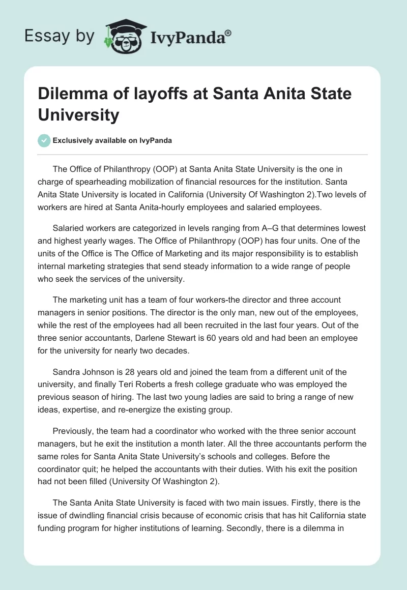 Dilemma of layoffs at Santa Anita State University. Page 1