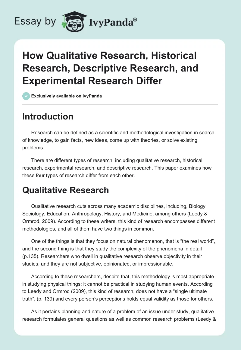 How Qualitative Research, Historical Research, Descriptive Research, and Experimental Research Differ. Page 1