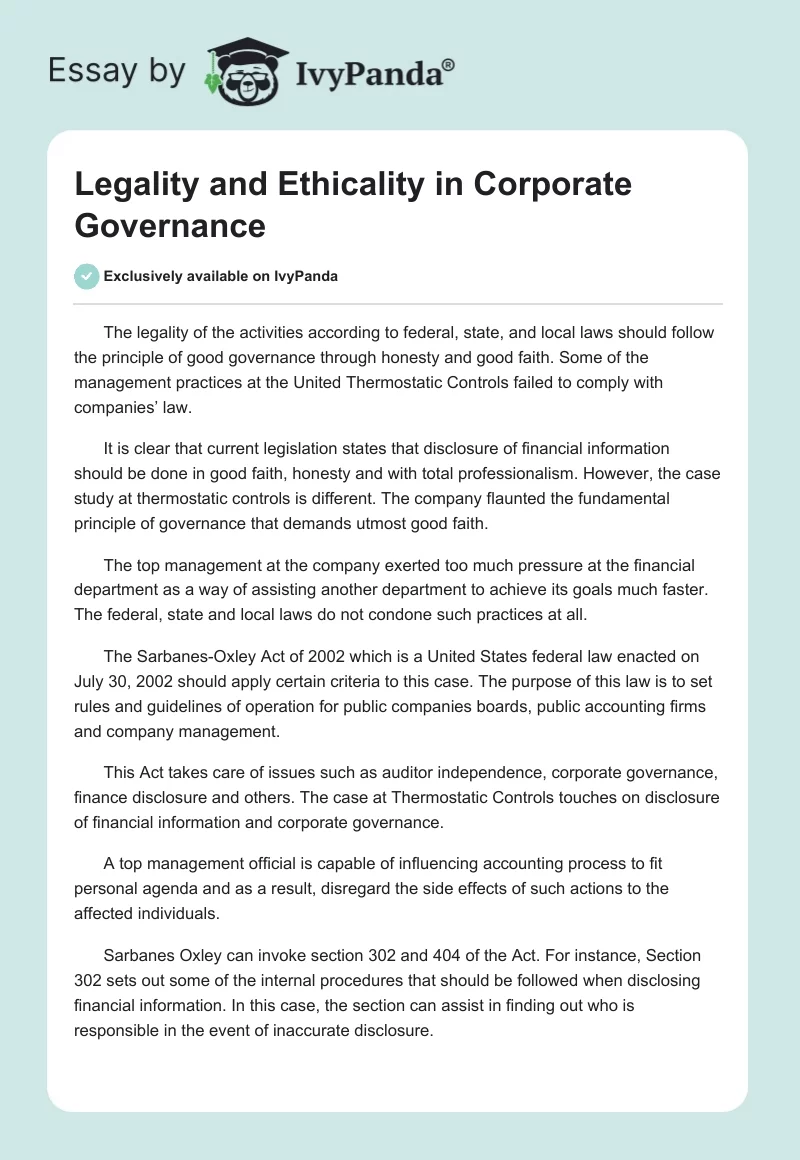 Legality and Ethicality in Corporate Governance. Page 1