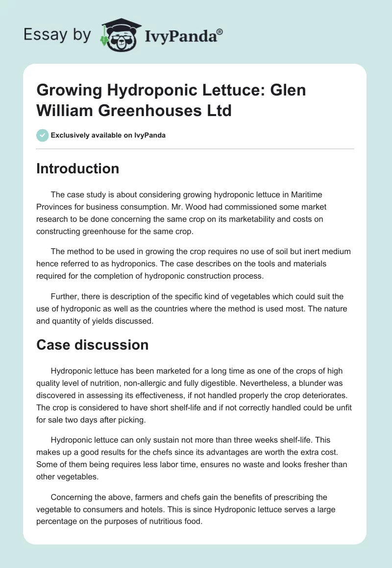 Growing Hydroponic Lettuce: Glen William Greenhouses Ltd. Page 1