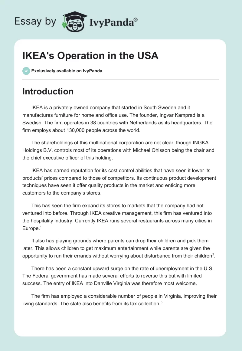 IKEA's Operation in the USA. Page 1
