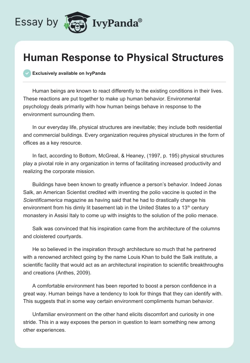 Human Response to Physical Structures. Page 1