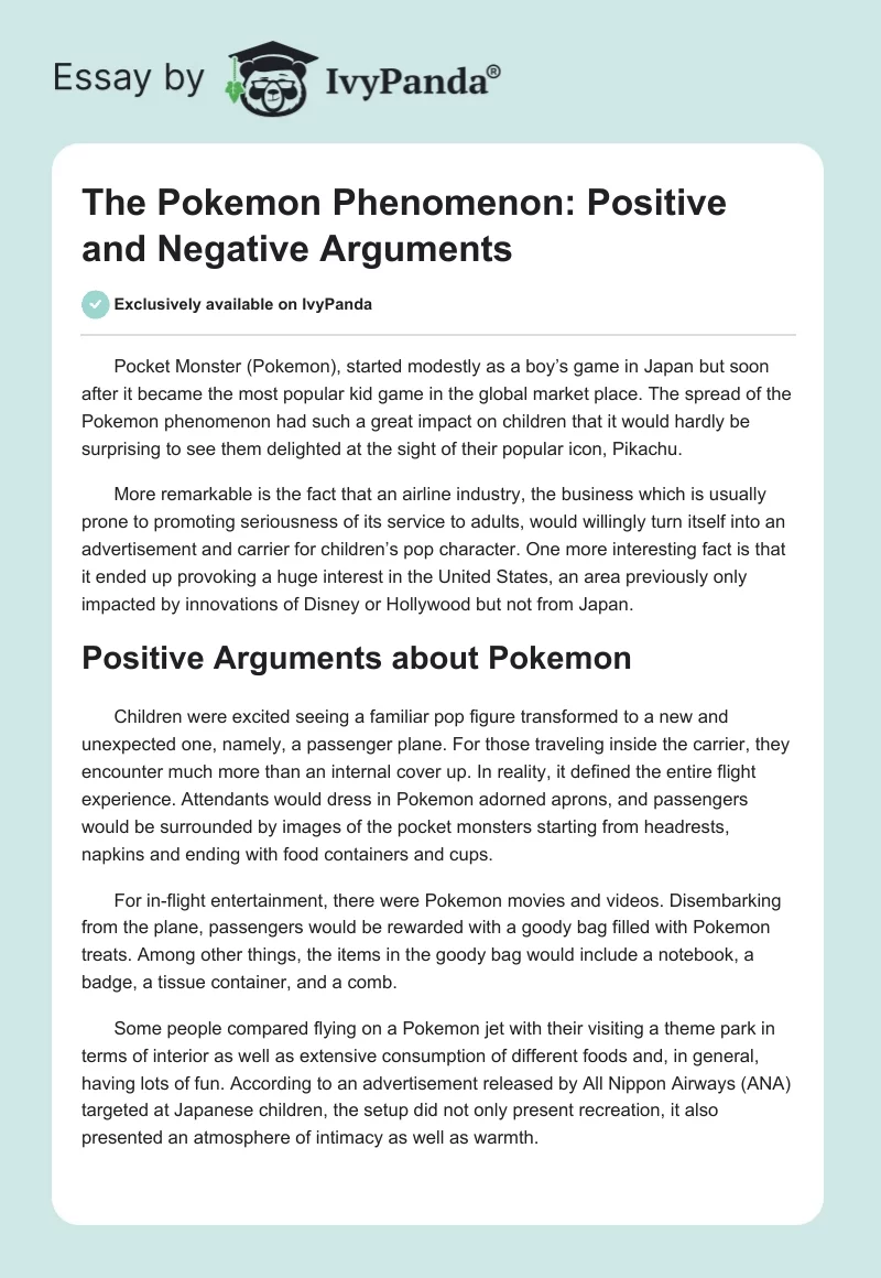 The Pokemon Phenomenon: Positive and Negative Arguments. Page 1
