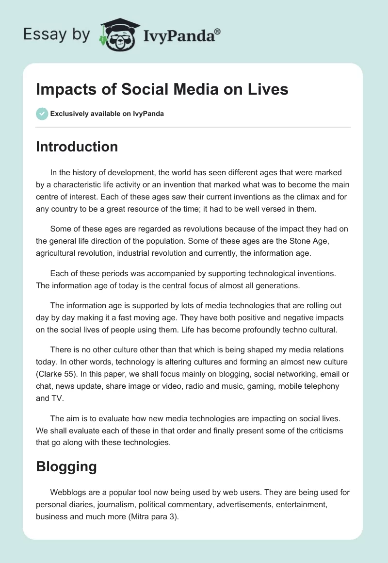 Impacts of Social Media on Lives. Page 1
