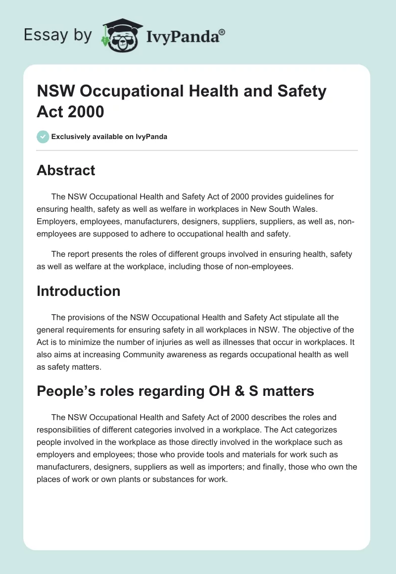 NSW Occupational Health and Safety Act 2000. Page 1