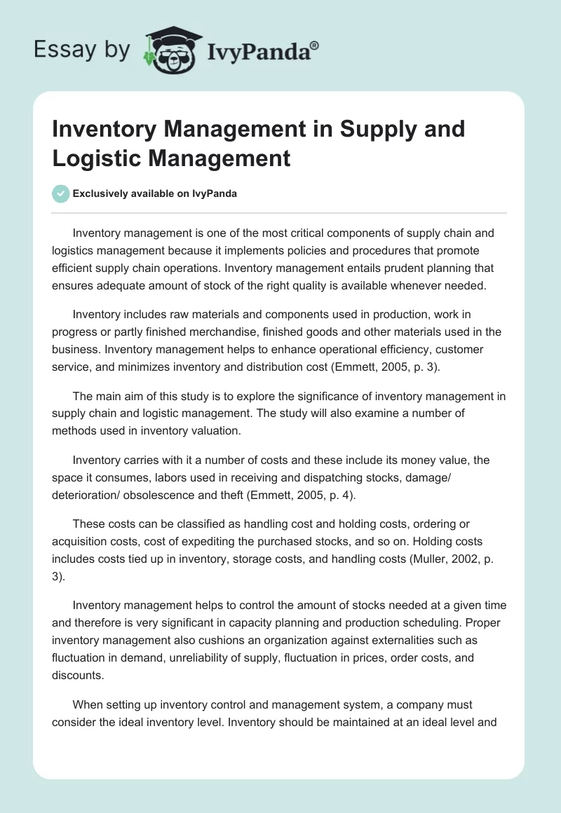 Inventory Management in Supply and Logistic Management. Page 1