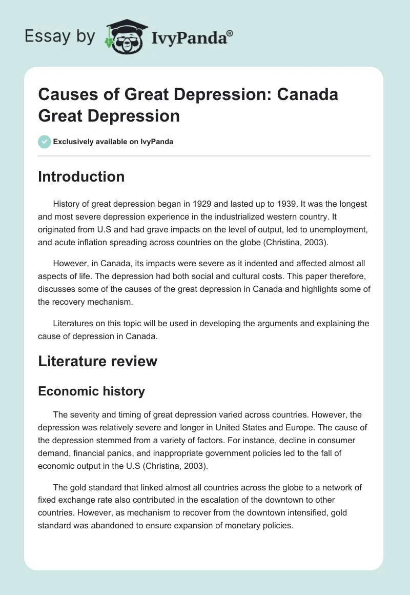 Causes of Great Depression: Canada Great Depression. Page 1