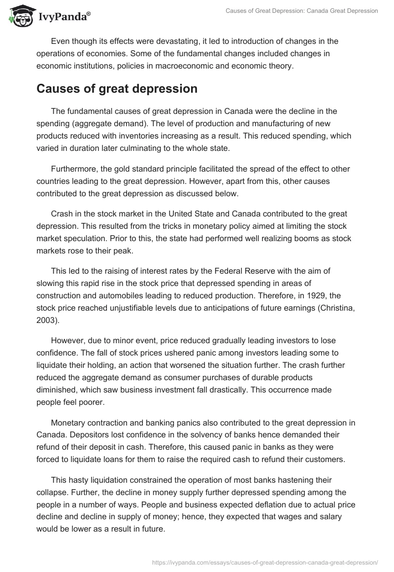 Causes of Great Depression: Canada Great Depression. Page 2