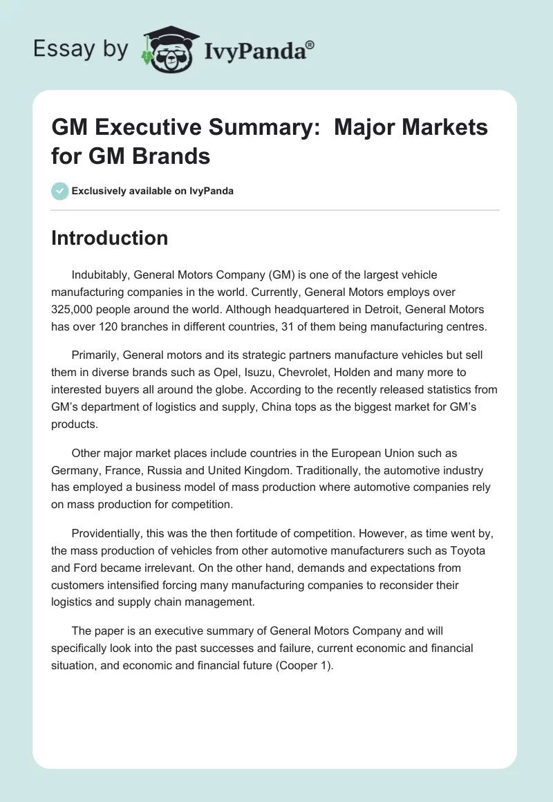 GM Executive Summary:  Major Markets for GM Brands. Page 1