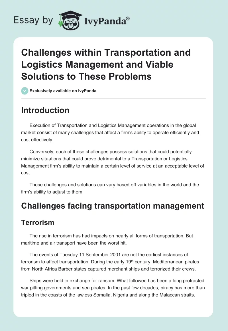 Challenges Within Transportation and Logistics Management and Viable Solutions to These Problems. Page 1