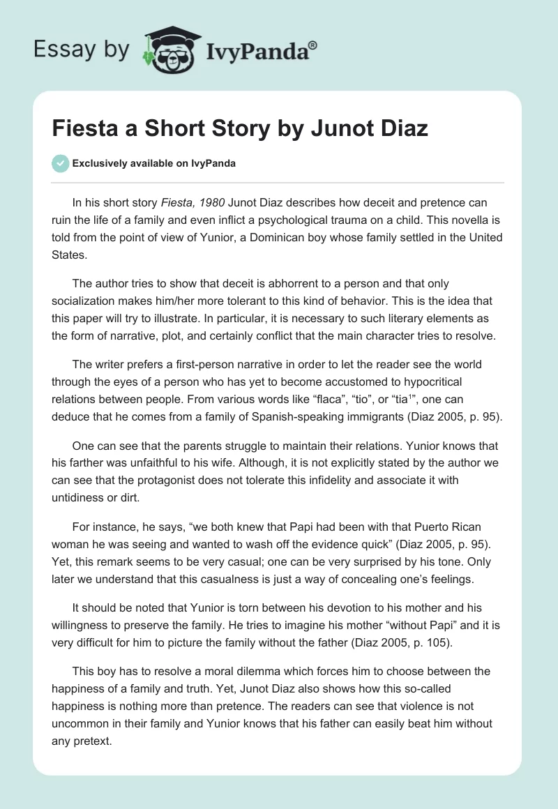 "Fiesta" a Short Story by Junot Diaz. Page 1