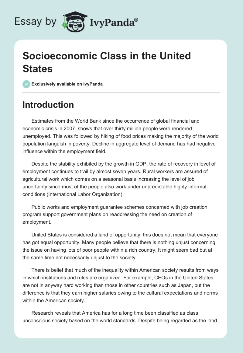 Socioeconomic Class in the United States. Page 1