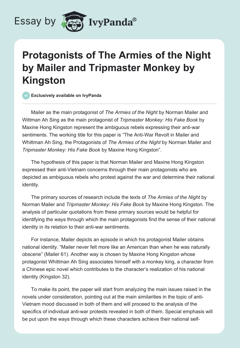 Protagonists of The Armies of the Night by Mailer and Tripmaster Monkey by Kingston. Page 1