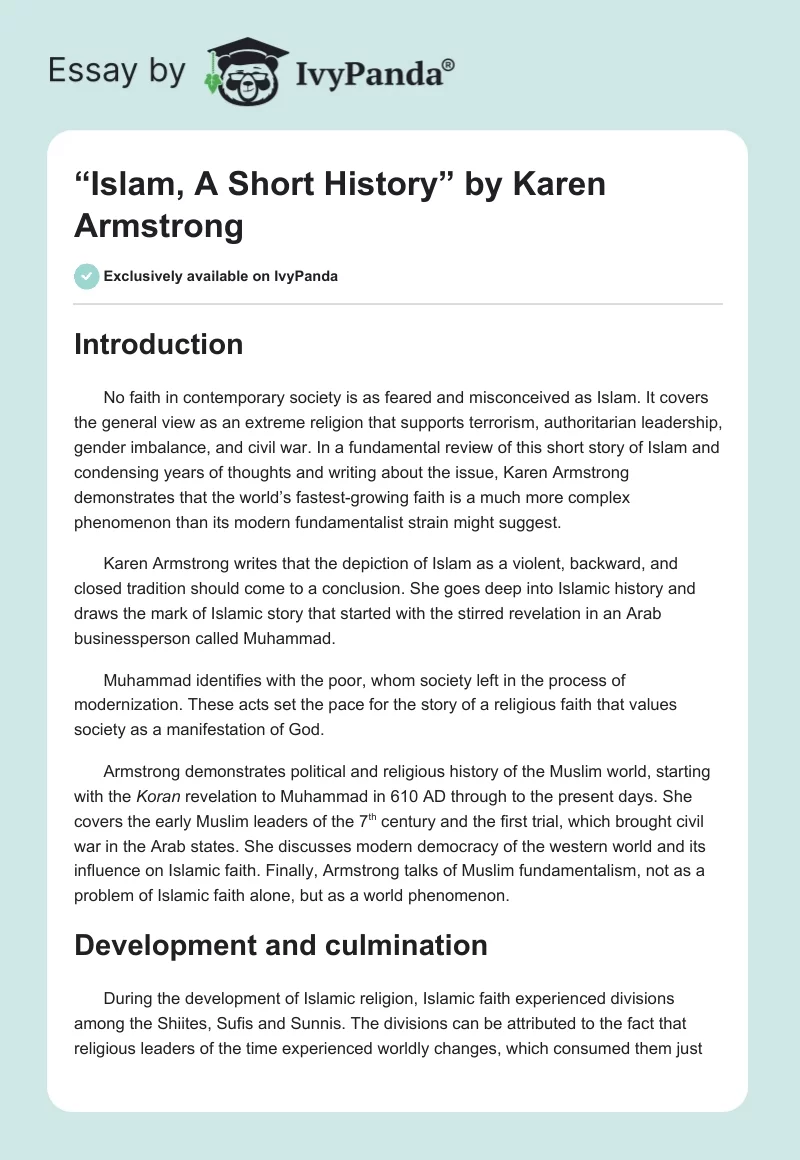 “Islam, A Short History” by Karen Armstrong. Page 1