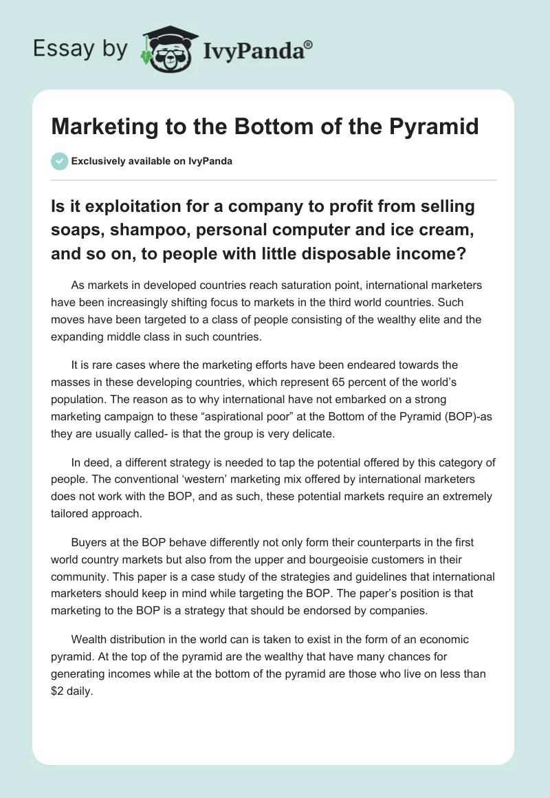 Marketing to the Bottom of the Pyramid. Page 1