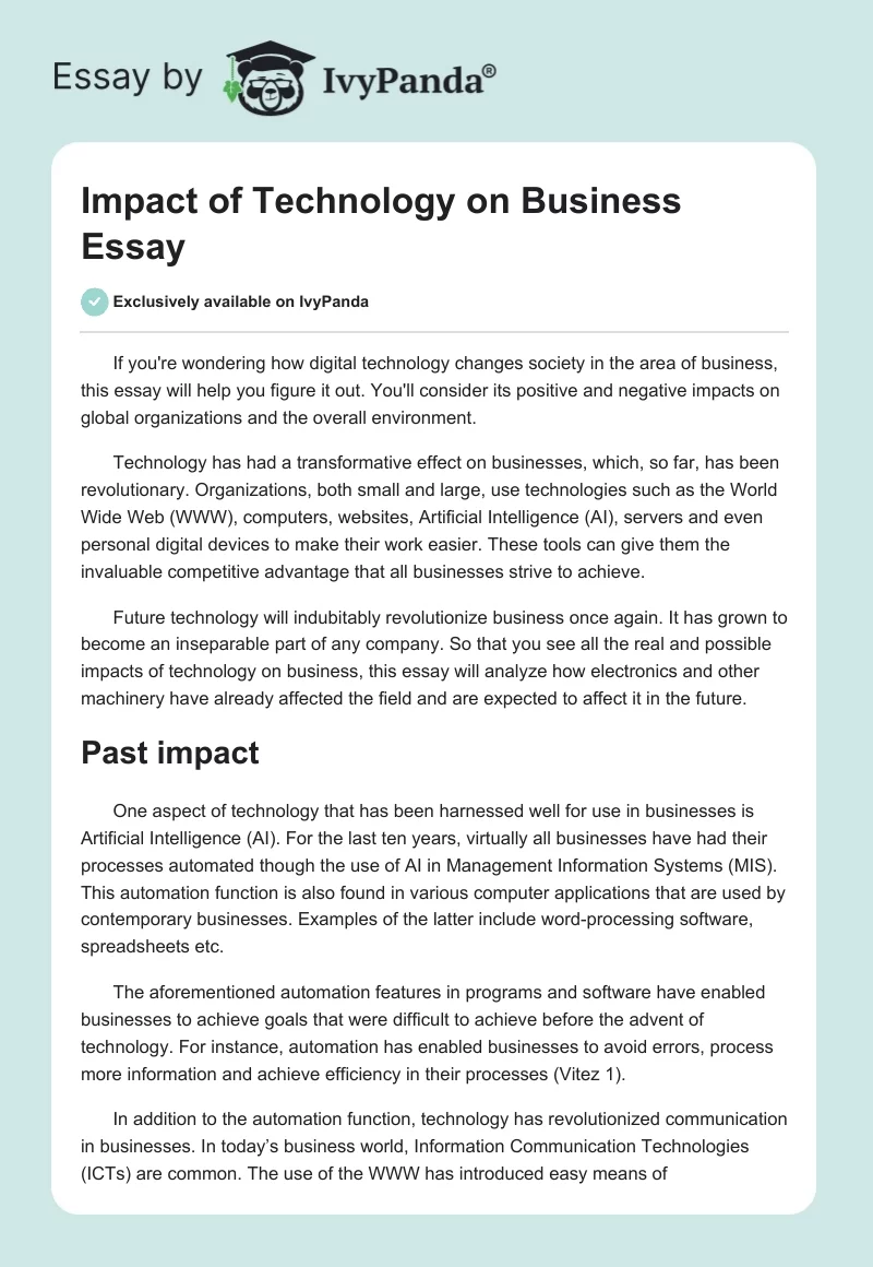 Impact of Technology on Business Essay. Page 1