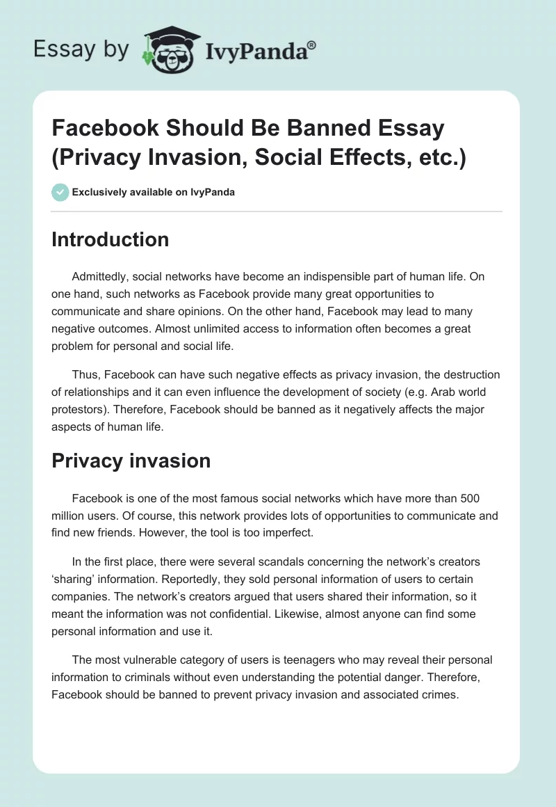 Facebook Should Be Banned 556 Words Essay Example
