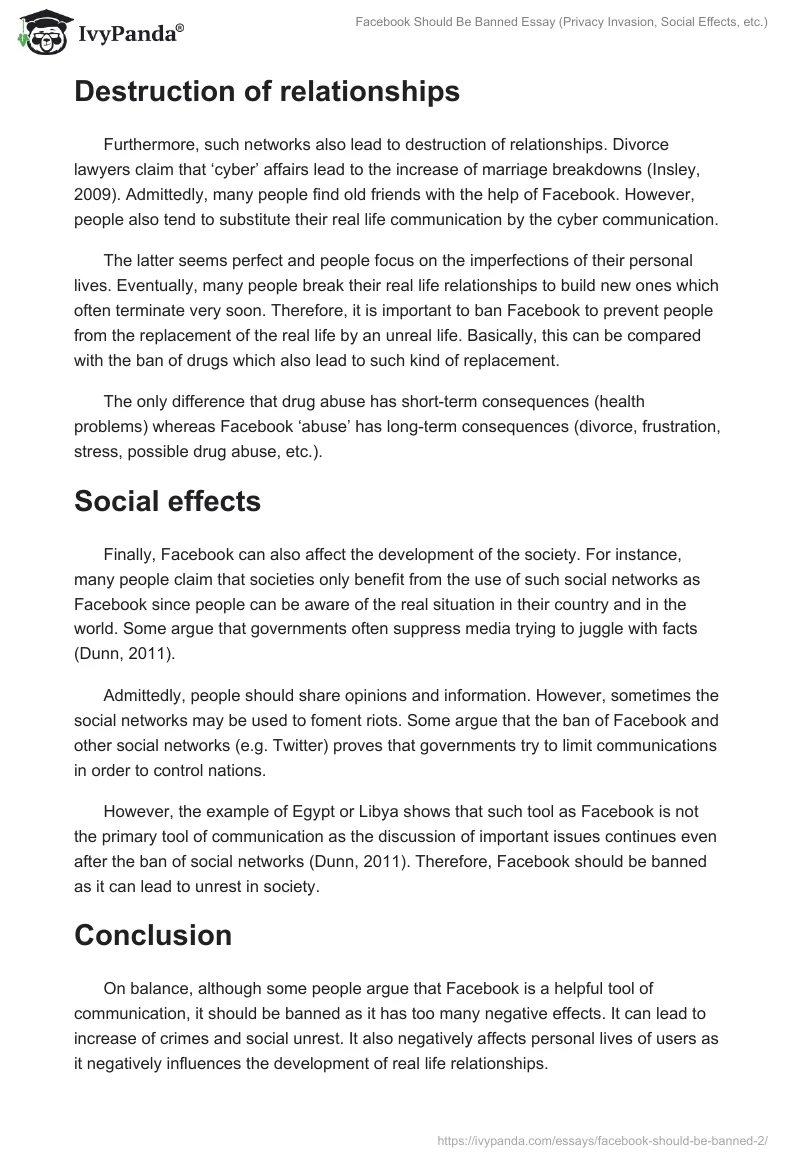 Facebook Should Be Banned Essay (Privacy Invasion, Social Effects, etc.). Page 2