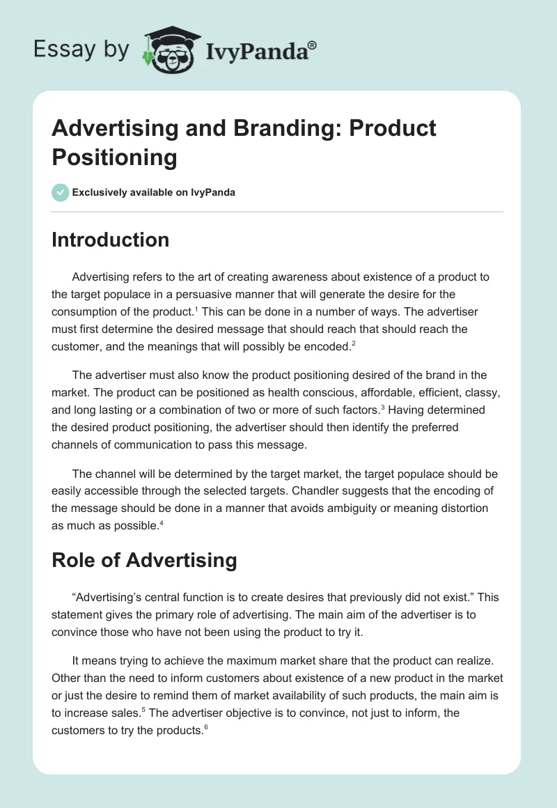 Advertising and Branding: Product Positioning. Page 1
