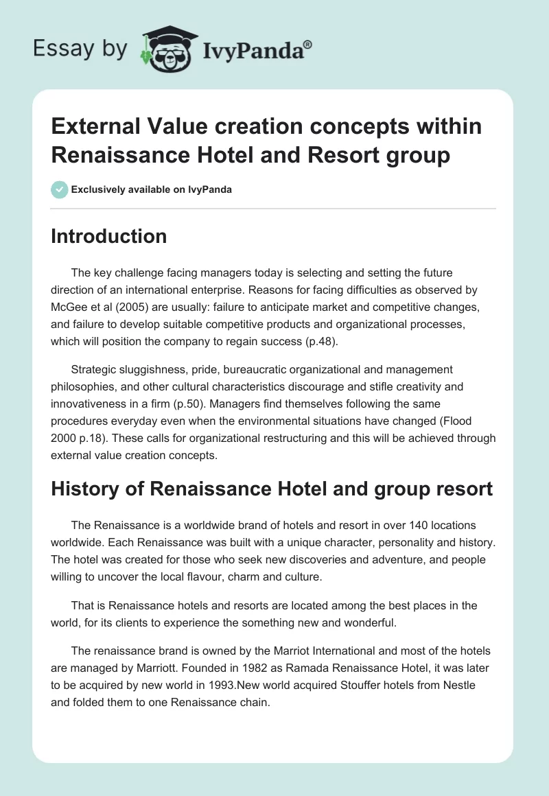 External Value creation concepts within Renaissance Hotel and Resort group. Page 1