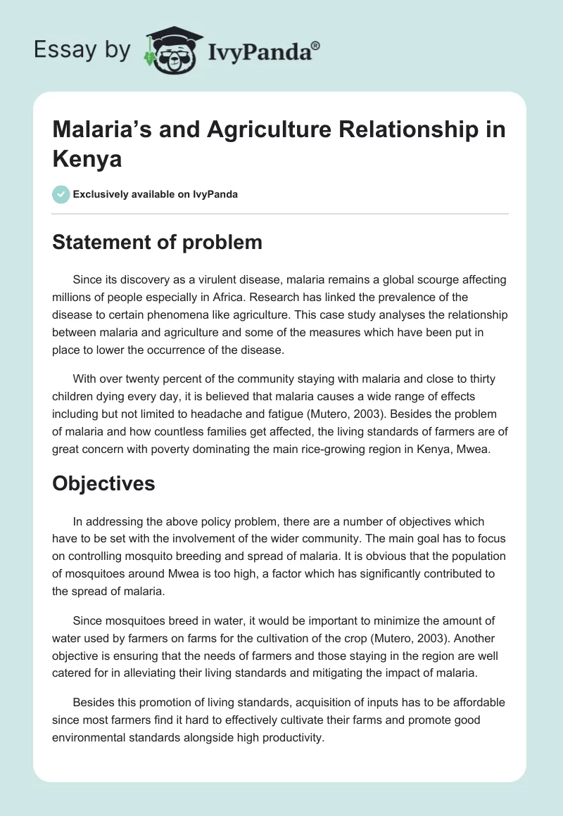 Malaria’s and Agriculture Relationship in Kenya. Page 1