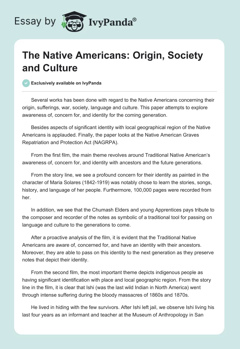 The Native Americans: Origin, Society and Culture. Page 1