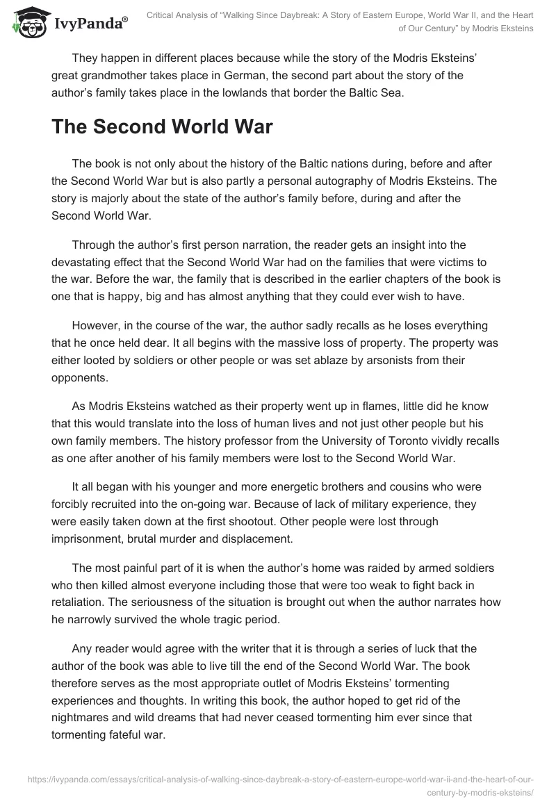 Critical Analysis of “Walking Since Daybreak: A Story of Eastern Europe, World War II, and the Heart of Our Century” by Modris Eksteins. Page 3