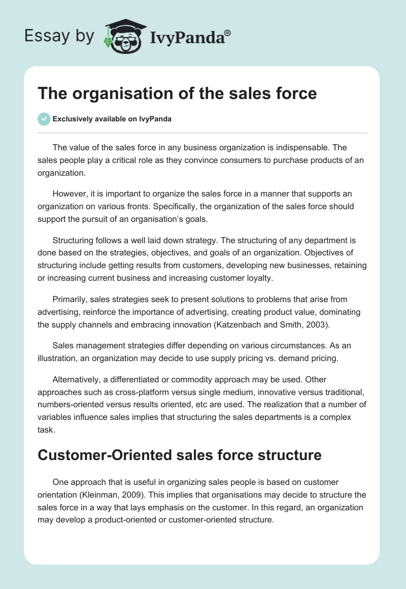 The organisation of the sales force. Page 1