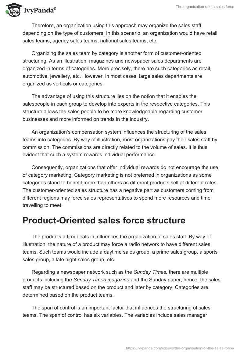 The organisation of the sales force. Page 2