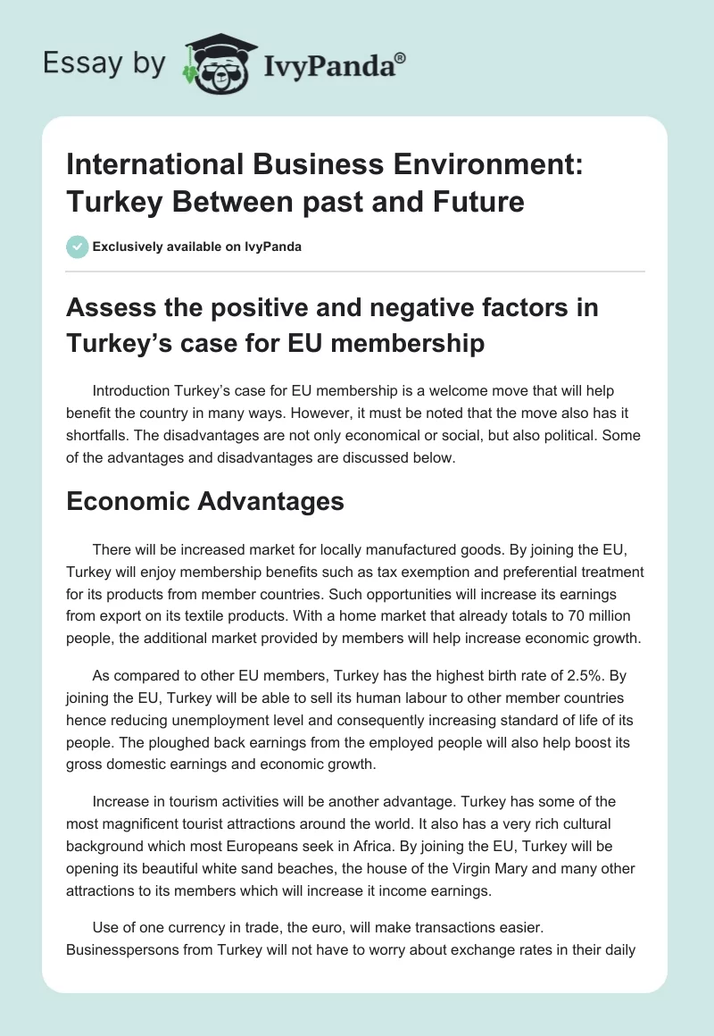 International Business Environment: Turkey Between past and Future. Page 1
