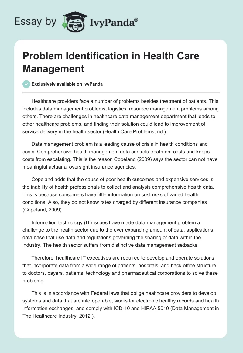 Problem Identification in Health Care Management. Page 1