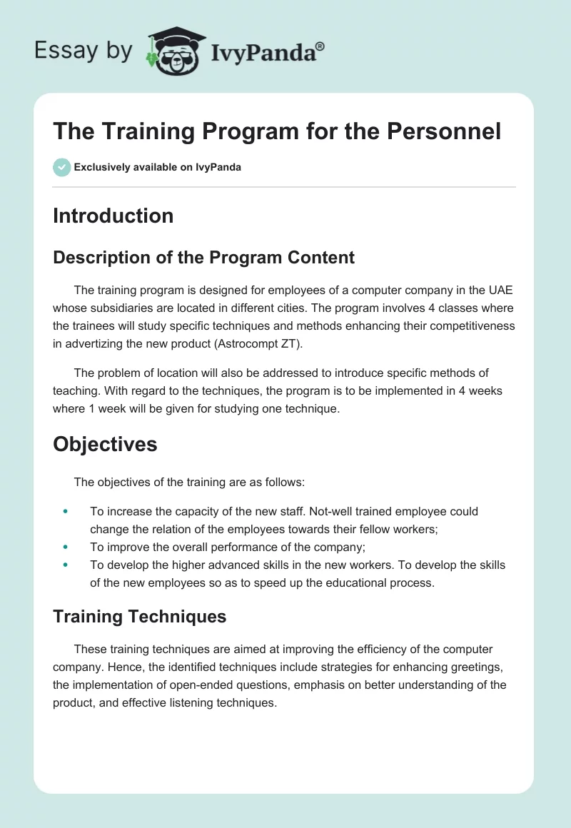 The Training Program for the Personnel. Page 1