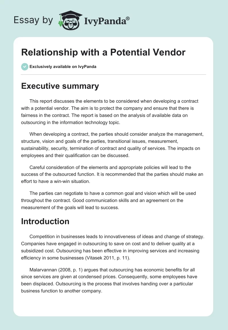 Relationship with a Potential Vendor. Page 1